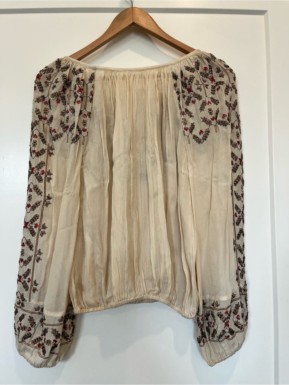 Free People Bohemian Beaded Embroidered Boho Cottagecore Peasant Pirate Blouse - Picture 7 of 11